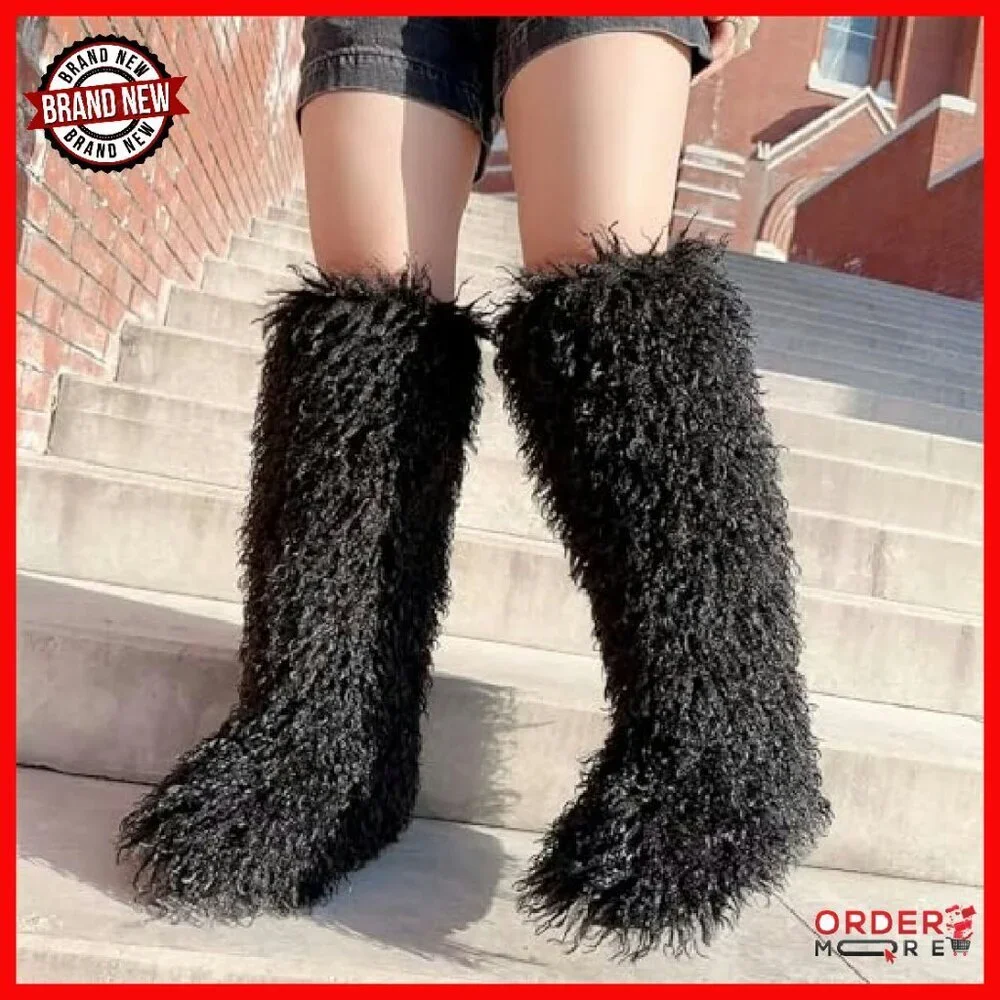 Faux Fur Tall Winter Boots, Knee-High Fluffy Boots for Women & Girls
